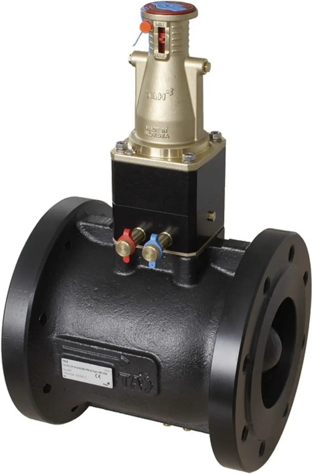 Differenzdruckregler mit einem robusten schwarzen Gehäuse und goldenem Ventil. Hersteller: IMI Hydronic Engineering. Anschlüsse für Druckleitungen sind sichtbar.